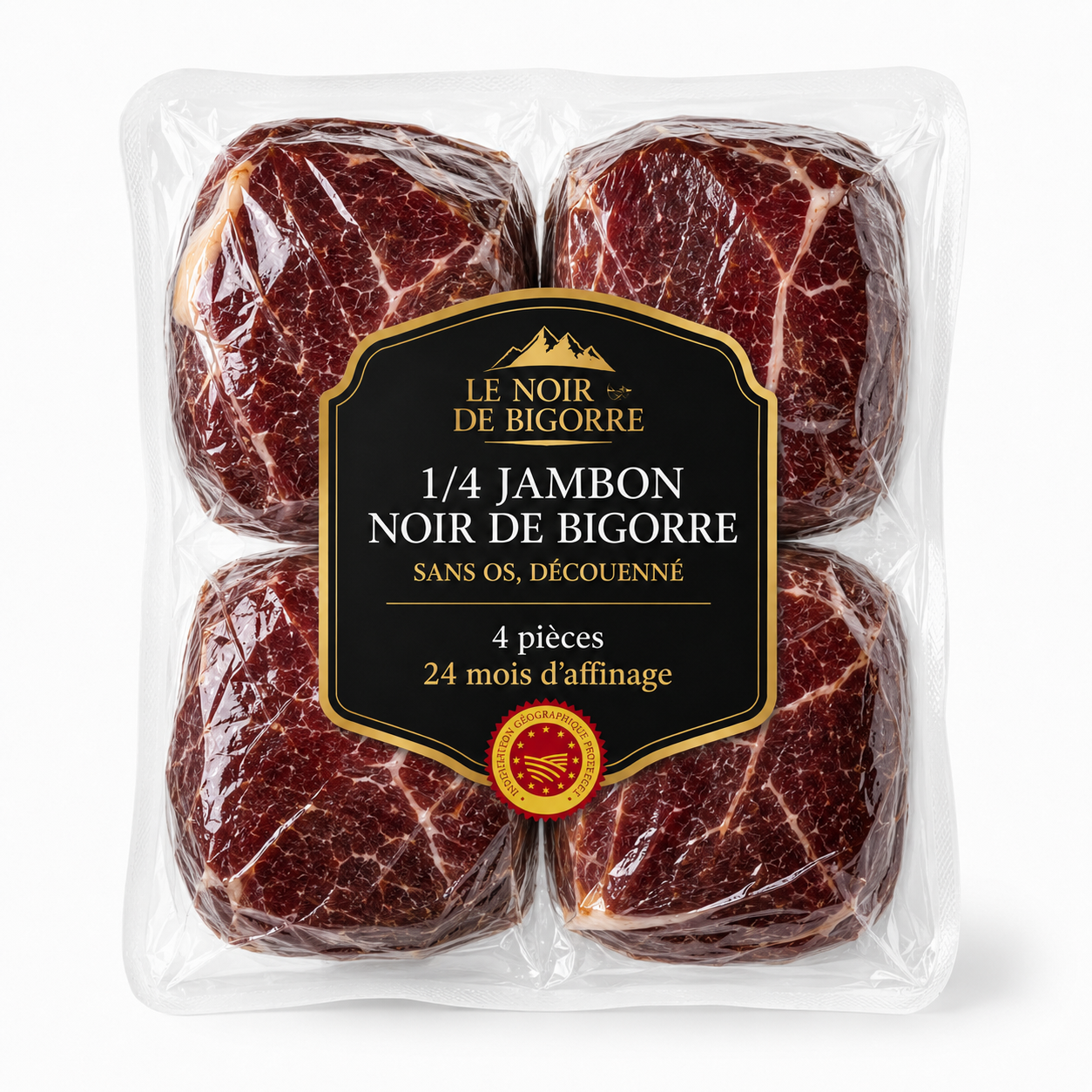 1/4 jambon noir de Bigorre sans os, découenné – 4 pièces – 24 mois d’affinage - 1kg